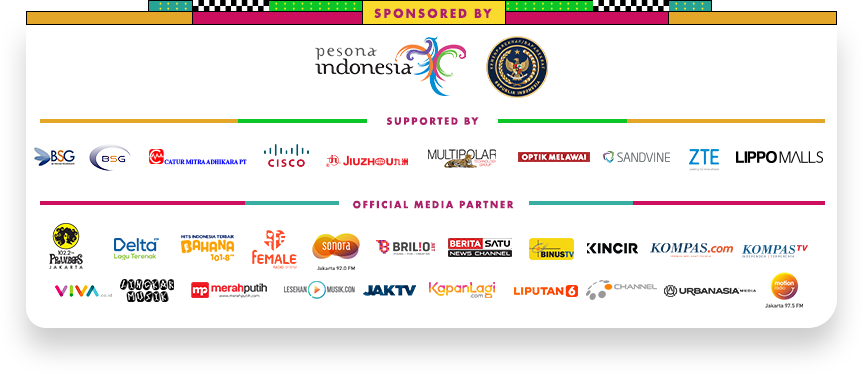 Sponsored by: Pesona Indonesia dan Kemenparekraf, Supported by: BSG, Catur Mitra Adhikara, Cisco, Jiuzhu, Multipolar, Optik Melawai, Sandvine, ZTE dan LippoMalss Indonesia